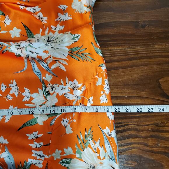 Paper Heart Silky Maxi Dress M Orange Floral Cowl Neck High Slit Garden Party - Picture 13 of 16
